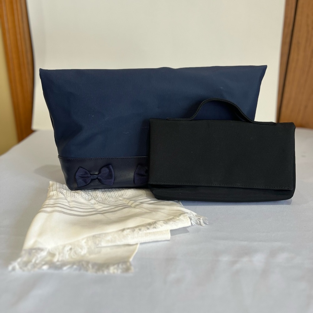 Nina Ricci bundle-Signed Nina Ricci white silk scarf, navy handbag, cosmetic bag